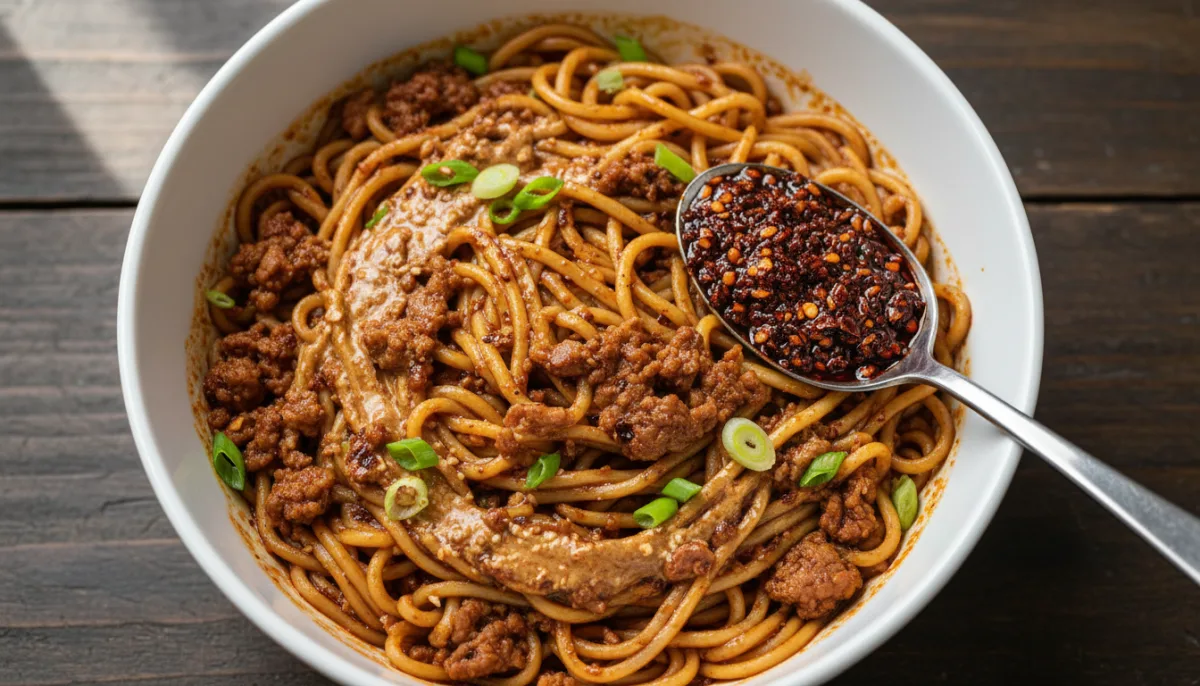 Noodles Dan Dan Sichuanesi con Olio al Peperoncino Croccante