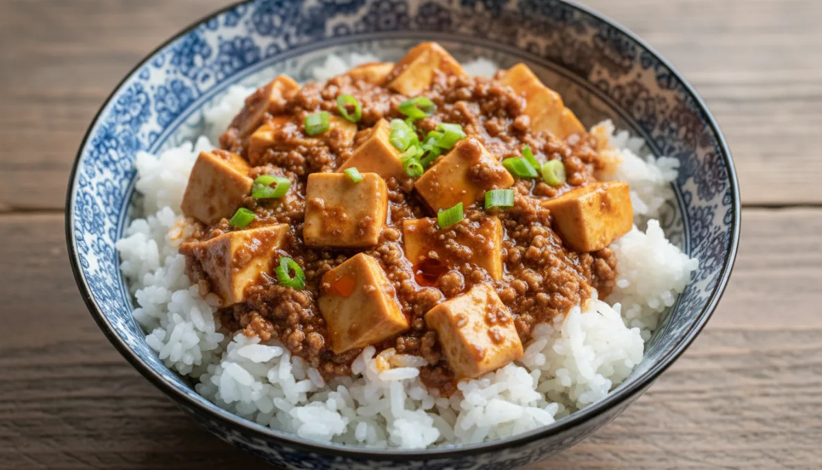Spicy Sichuan Mapo Tofu & Pork Breakfast Bowl with Steamed Rice
