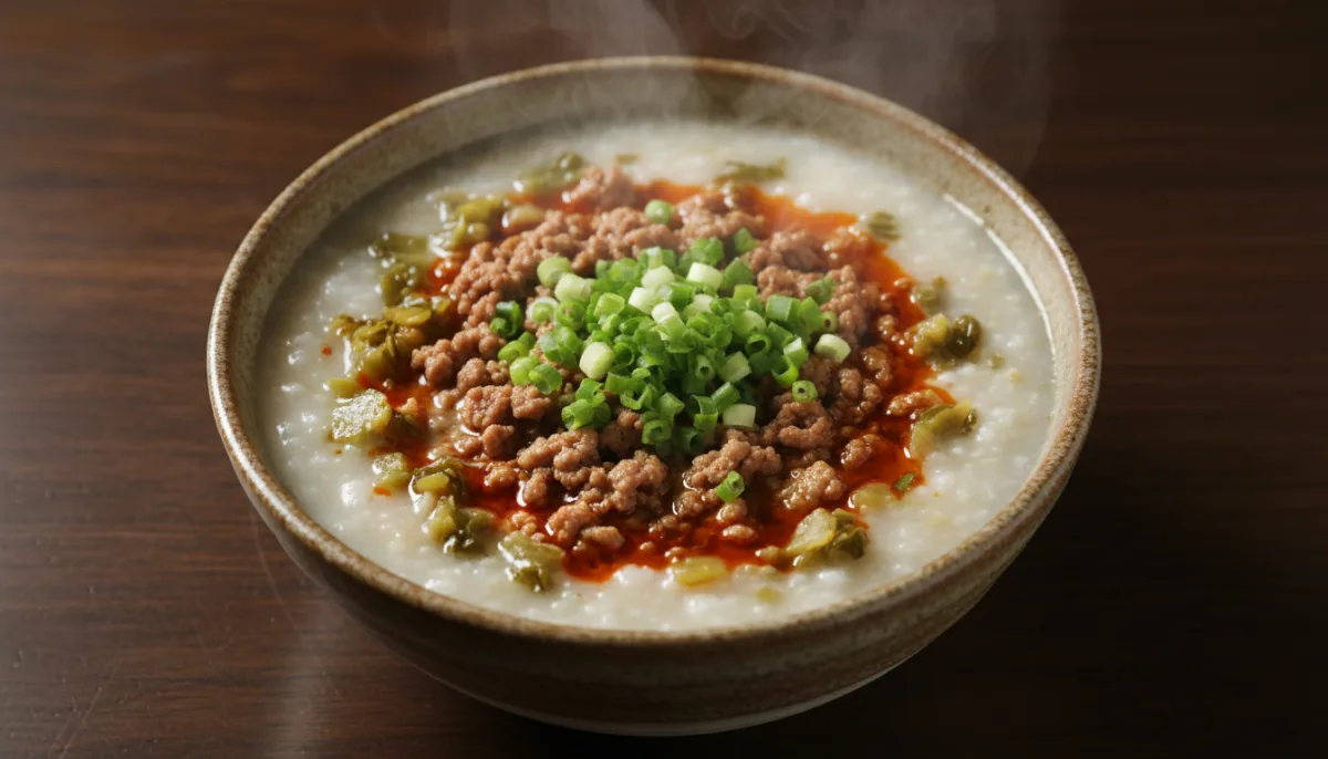 Congee Pikant Siçuan me Mish Derri dhe Perime të Turshitura