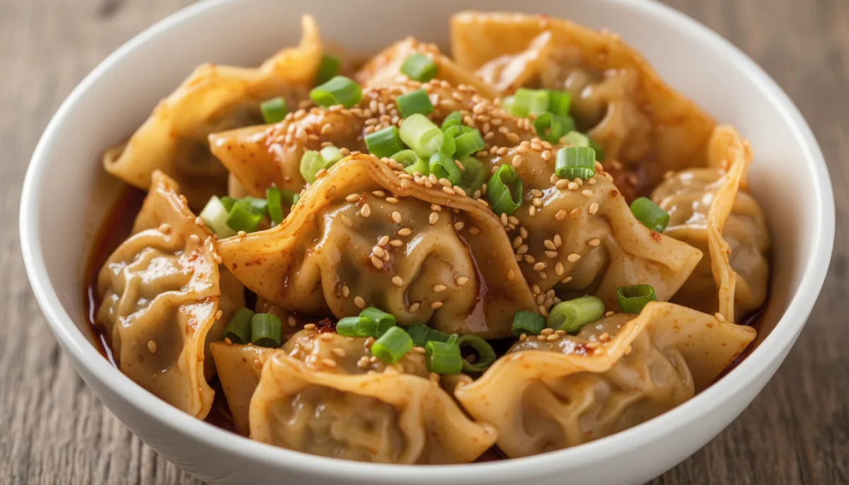 Sichuan Spicy Wontons in Chili Oil with Toasted Sesame Seeds