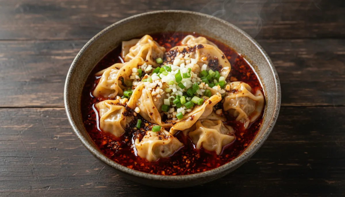 Wonton Pikant Siçuan në Vaj Djegës të Kuq me Hudhra dhe Uthull të Zezë