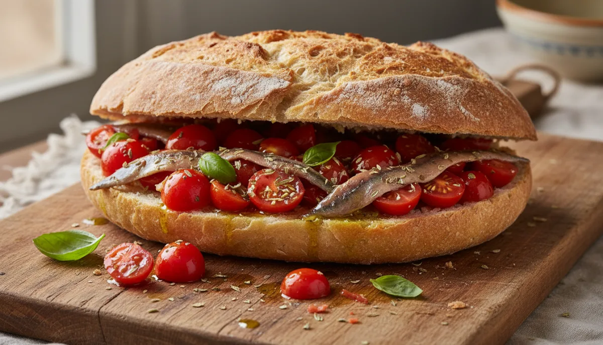 Sicilian Pane Cunzato with Fresh Tomatoes and Anchovies