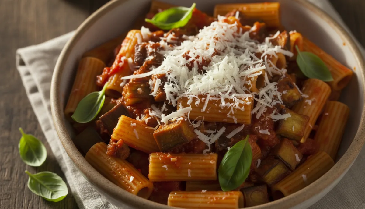 Sizilianische Pasta alla Norma mit Aubergine und Ricotta Salata