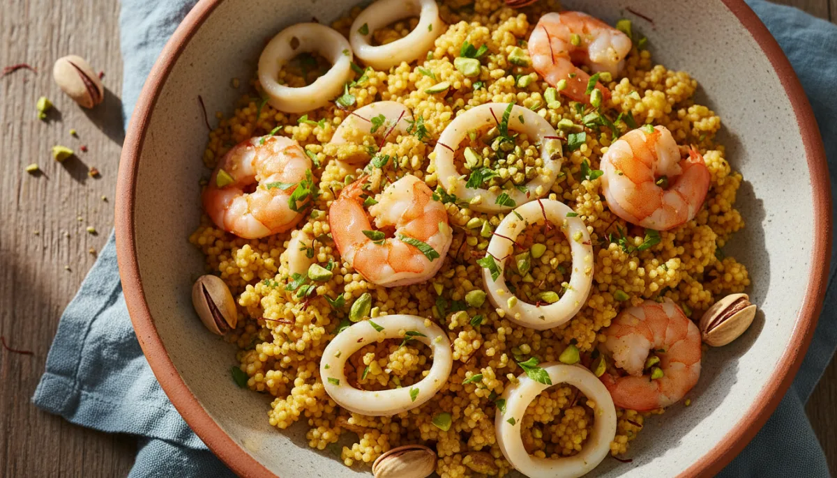 Sicilian Seafood Couscous with Saffron and Pistachios