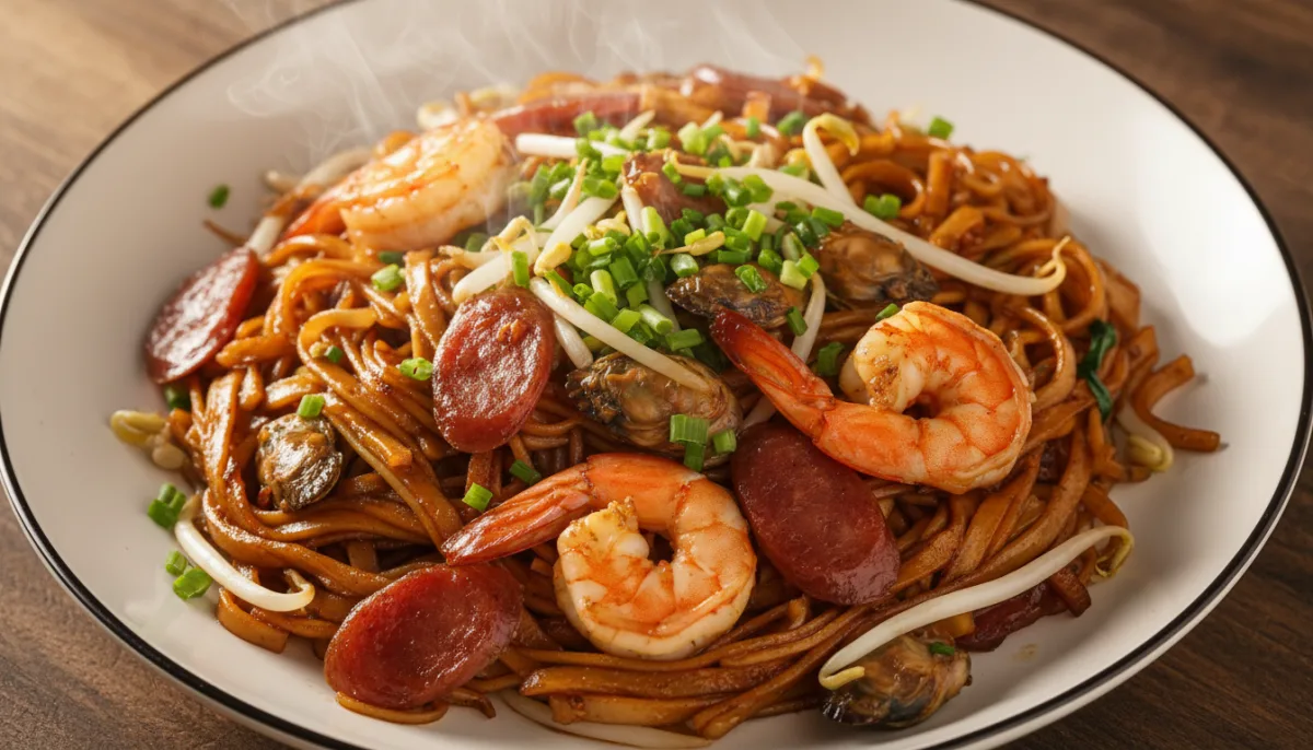Singapurischer Char Kway Teow mit Garnelen, Herzmuscheln und chinesischer Wurst