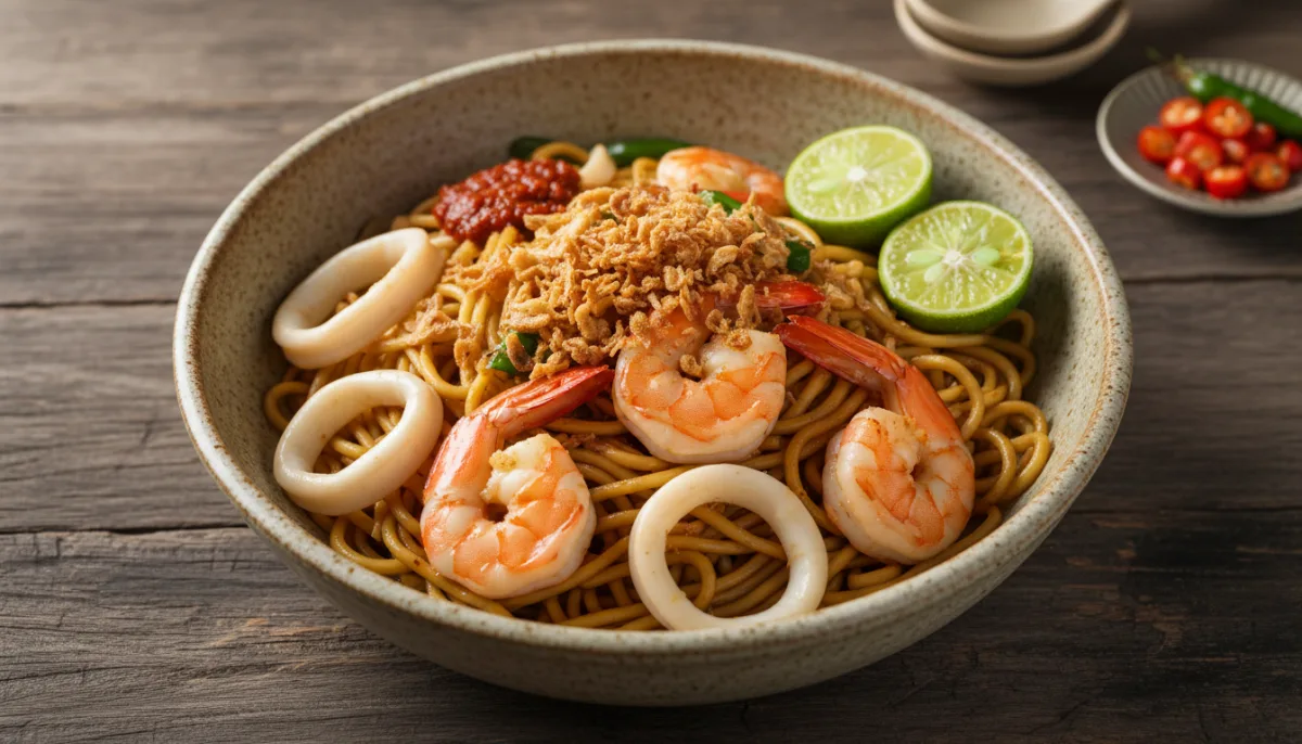 Hokkien Mee Singaporian (Makaronat e Skuqura me Karkaleca)