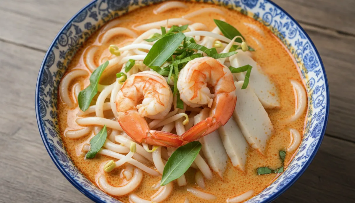 Laksa Lemak Singaporiane me Karkaleca dhe Peshk të Përpunuar