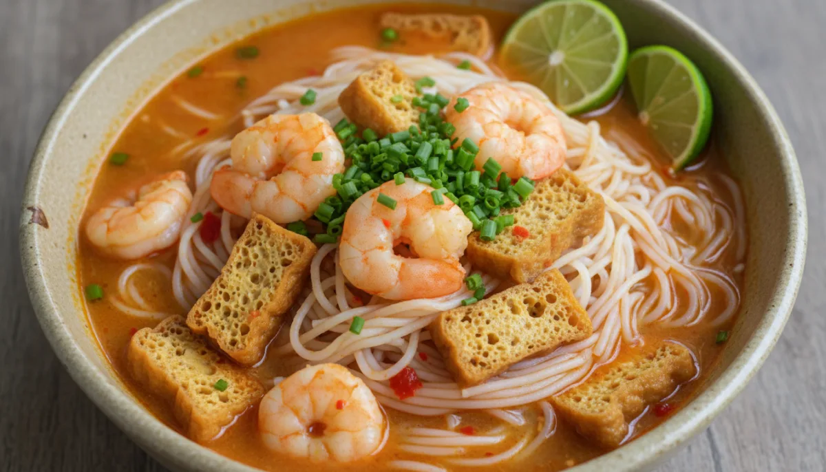 Singapurisches Mee Siam (Würzige Fadennudeln) mit Garnelen und Tau Pok