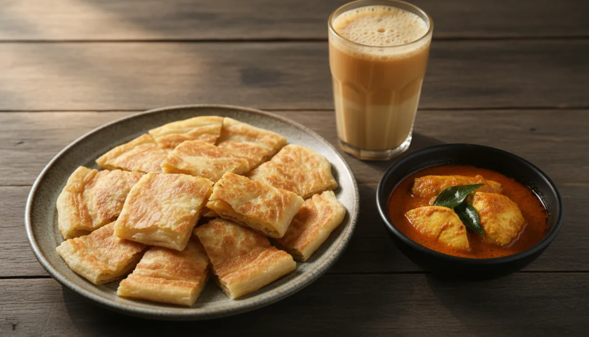 Authentic Singaporean Roti Prata with Fish Curry and Teh Tarik