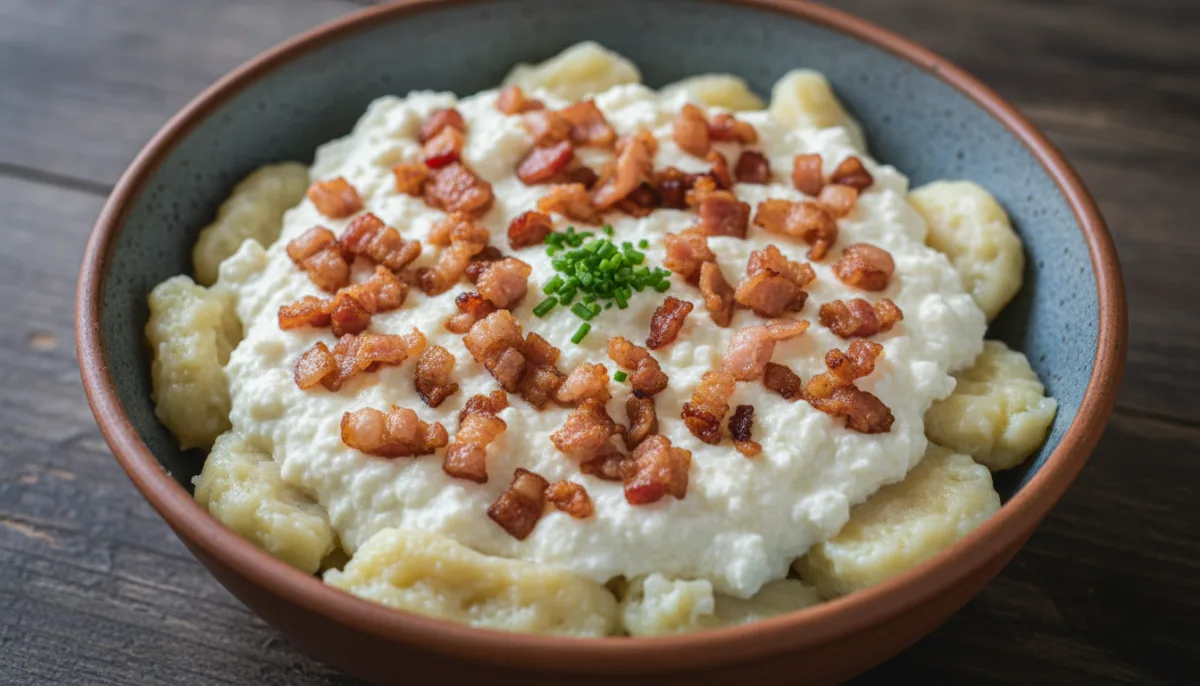 Slovak Bryndzové Halušky (Potato Dumplings with Sheep Cheese and Bacon)