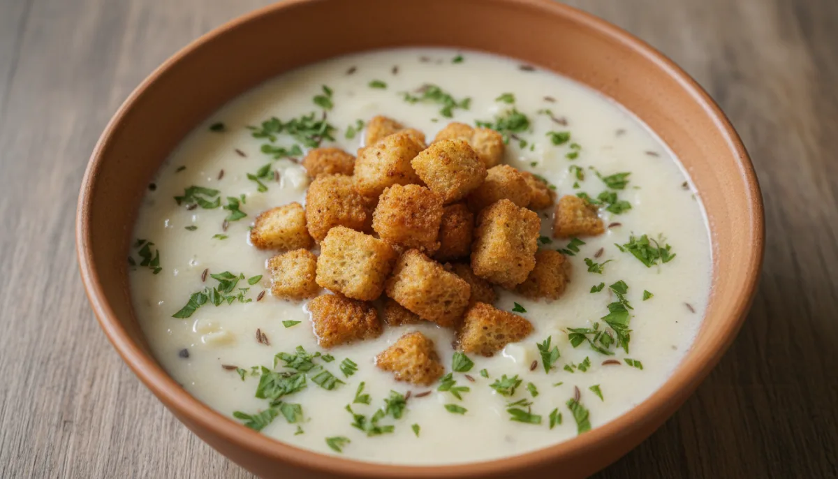 Slowakische Demikát (Knoblauch-Bryndza-Suppe) mit Croutons