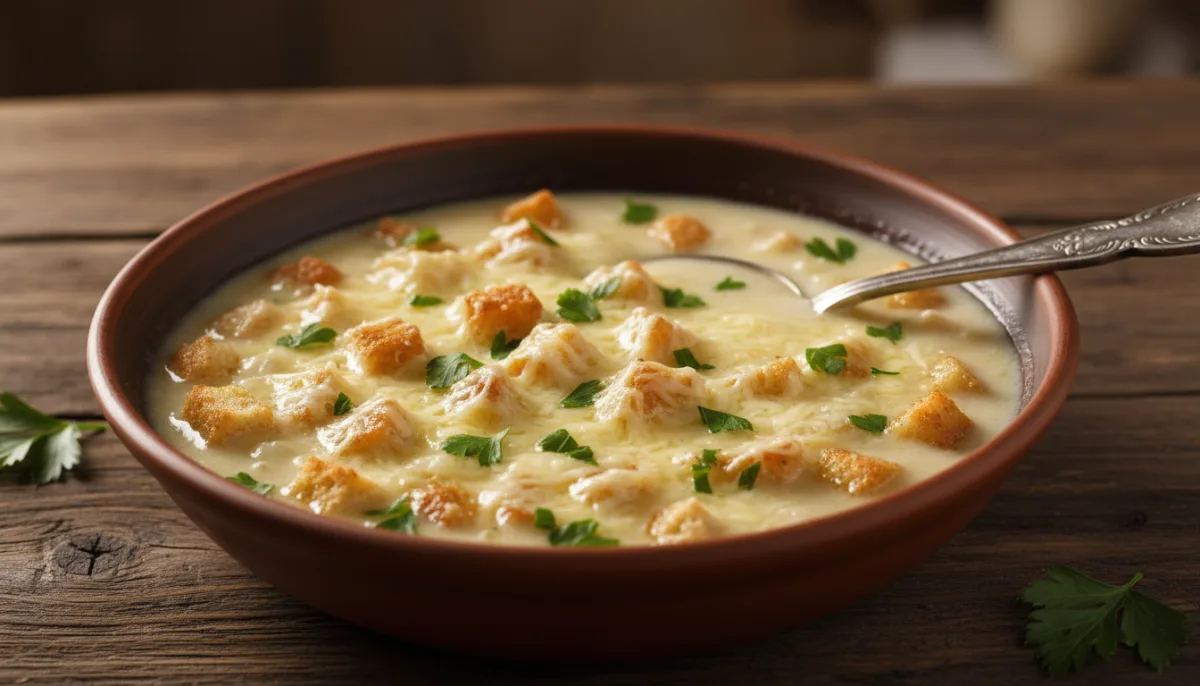 Hearty Slovak Garlic Soup with Croutons and Cheese (Cesnaková Polievka)