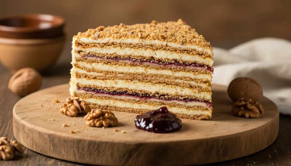 Slovak Honey Cake (Medovník) with Walnuts and Plum Jam