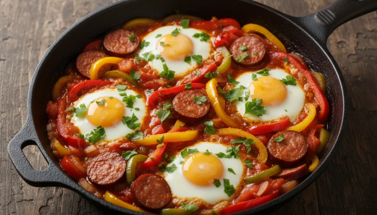 Slovak Lečo: Savory Pepper and Tomato Stew with Eggs and Sausage