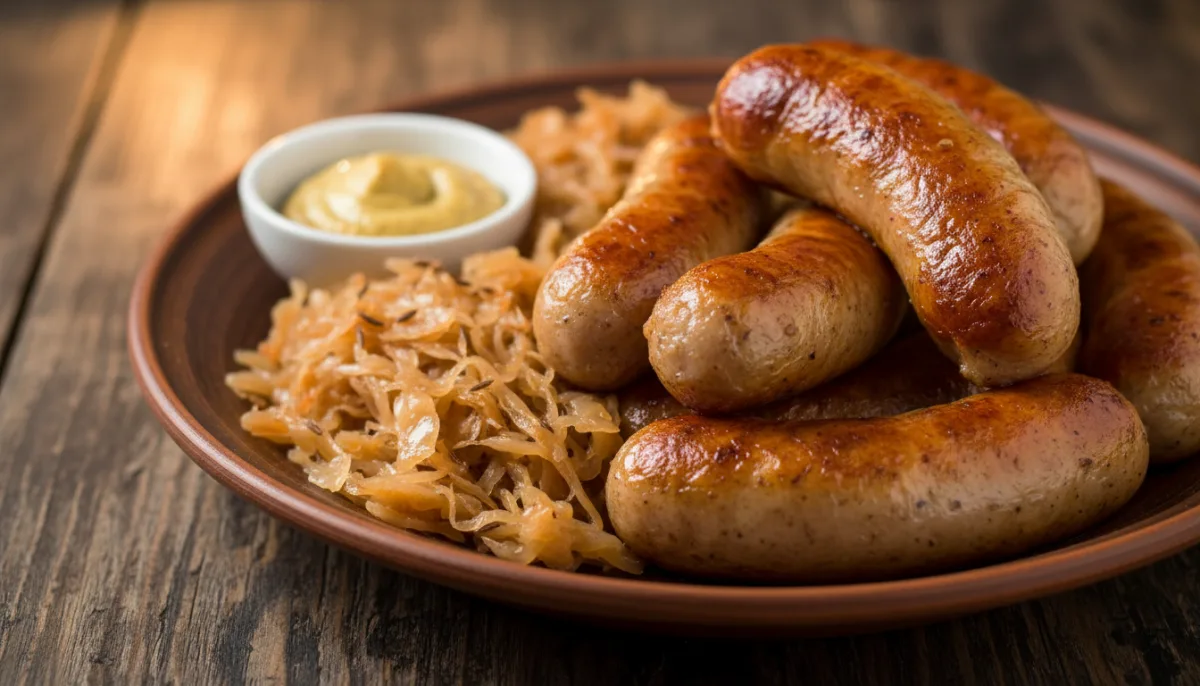 Slovak Liptovské Droby (Potato Sausage) with Sauerkraut and Mustard
