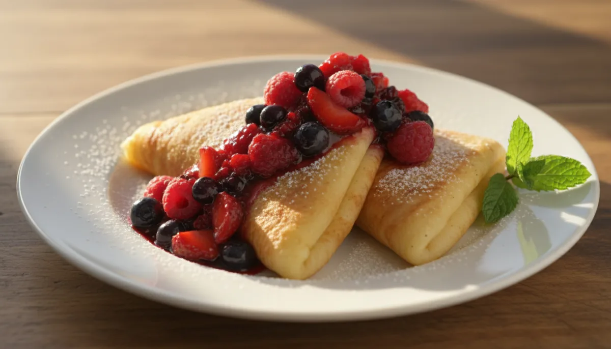 Slovak Sweet Cheese Palacinky with Fruit Compote