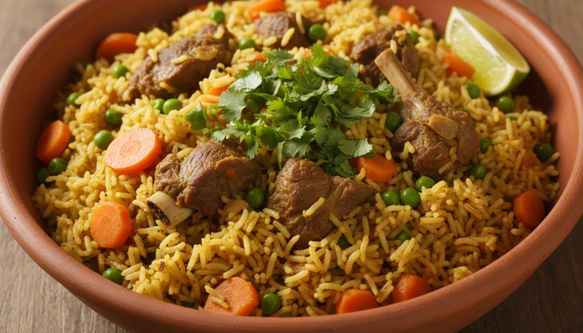 Somali Bariis Iskukaris with Goat Meat and Vegetables