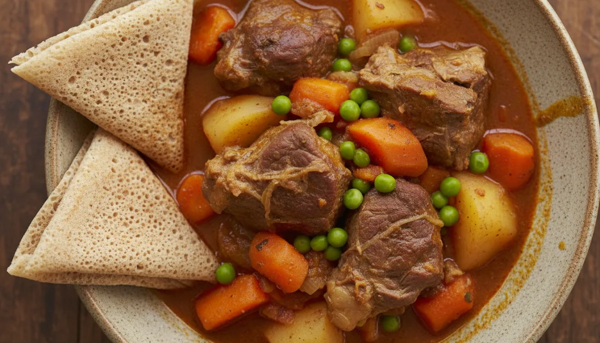 Hearty Somali Lamb and Vegetable Stew (Maraq) with Injera