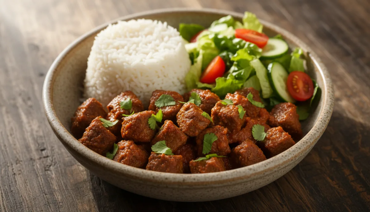 Hearty Somali Beef Suqaar with Rice and Salad