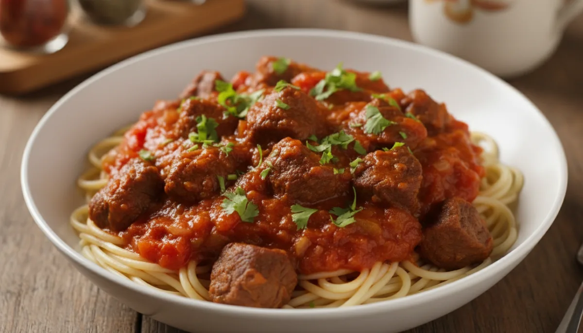Somali Suugo Suqaar (Pasta with Beef Stew)