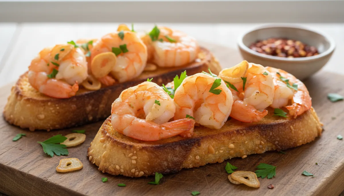 Tostë Me Karkaleca Dhe Hudhra (Gambas al Ajillo Tostada)