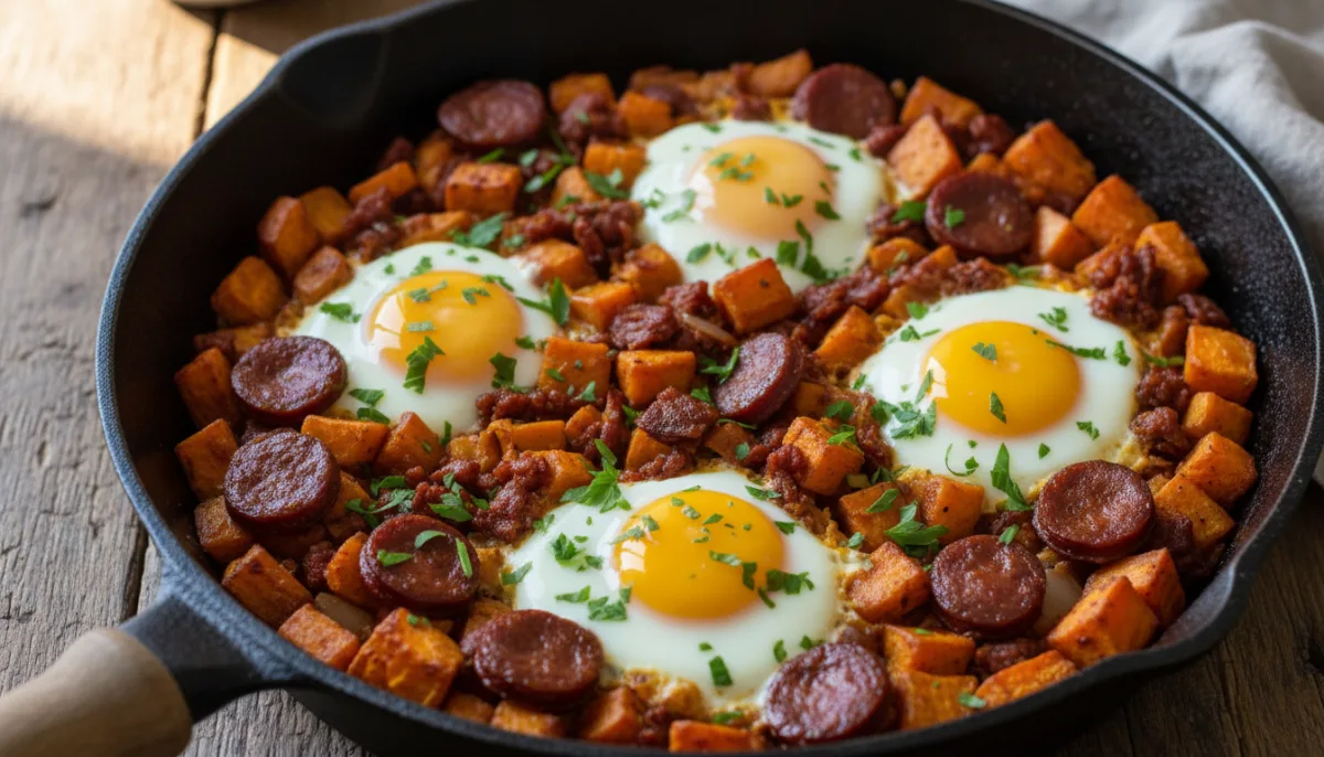 Hash Spanjoll me Patate të Ëmbla dhe Chorizo
