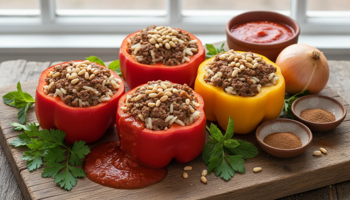 Spiced Egyptian-Style Beef and Rice Stuffed Peppers