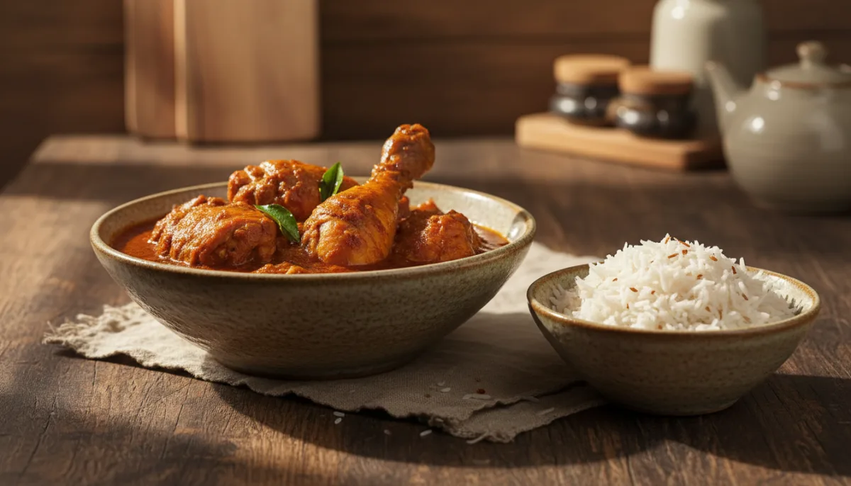 Poulet Chettinad Indien Épicé avec Riz à la Noix de Coco