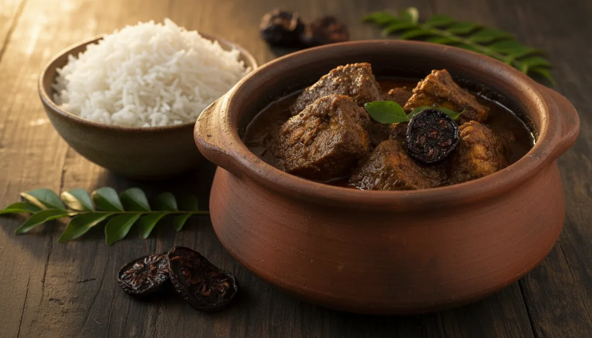 Sri-lankisches Ambul Thiyal (Saures Fischcurry) mit Goraka und gedämpftem Reis