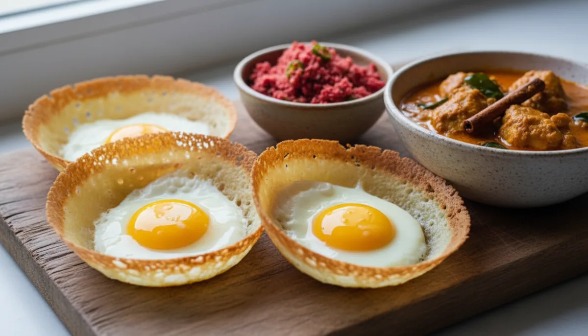 Sri Lankan Egg Hoppers with Coconut Sambol and Chicken Curry