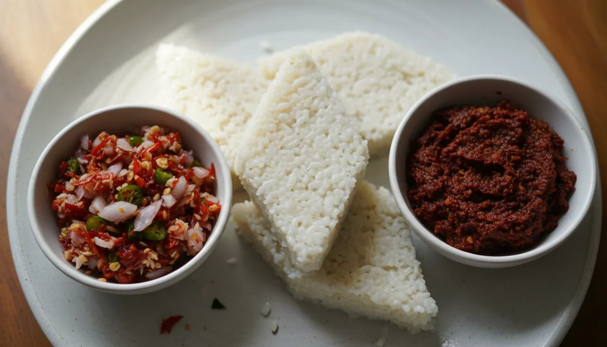 Creamy Kiribath with Spicy Lunumiris and Katta Sambol