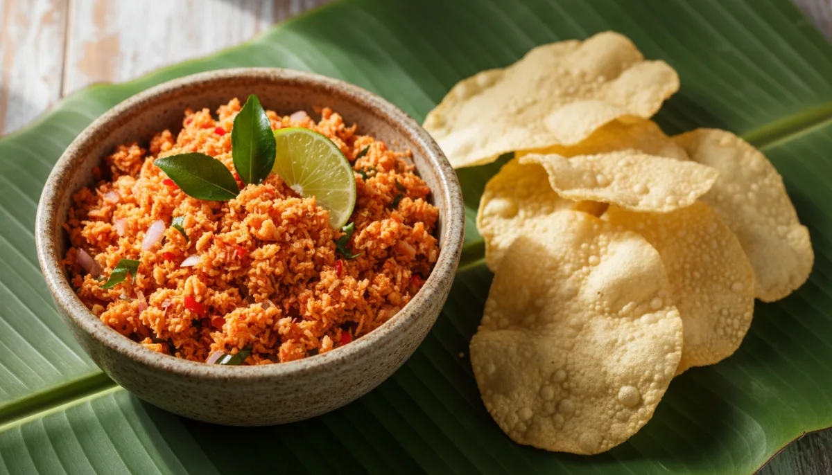 Sambol Kokosi Pikant Sri Lankan me Papadums të Pjekur