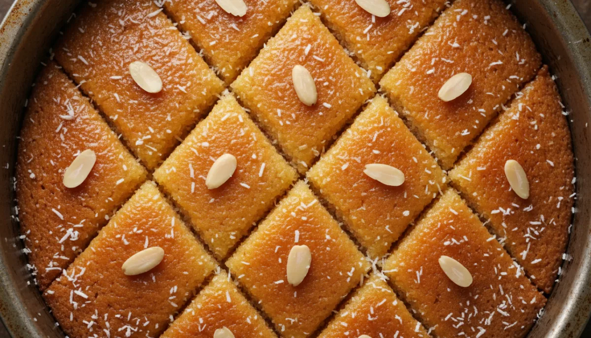 Basbousa Sudanesa com Coco e Calda de Água de Rosas