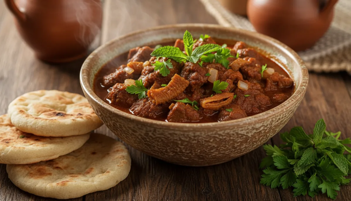 Authentic Sudanese Elmaraara: Lamb Offal Stew with Flatbread & Fresh Herbs