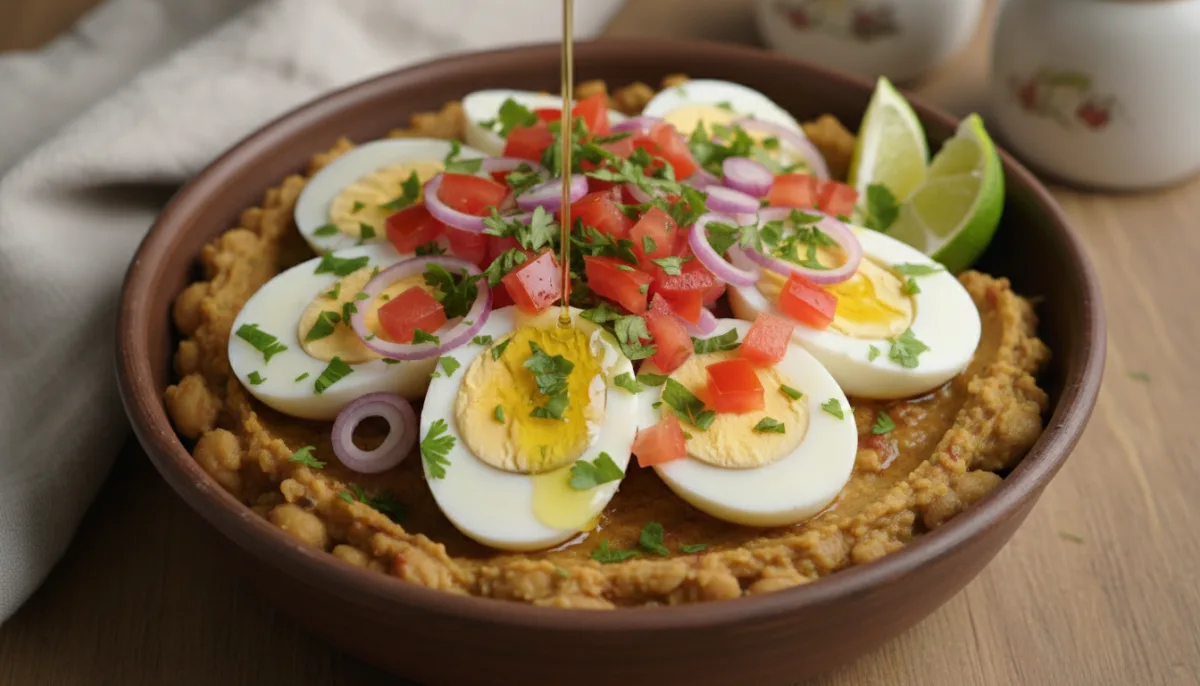 Sudanesisches Ful Medames mit hartgekochten Eiern und frischem Gemüse