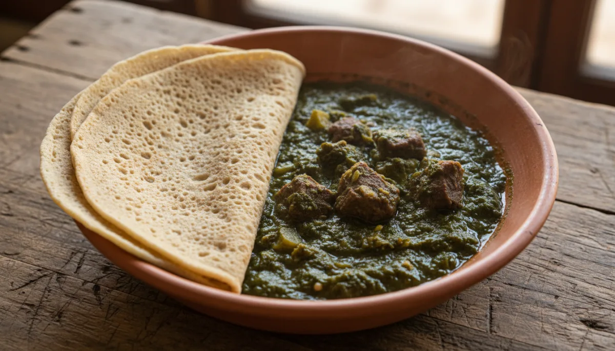 Sudanese Kisra with Mullah (Sorghum Flatbread with Okra Stew)