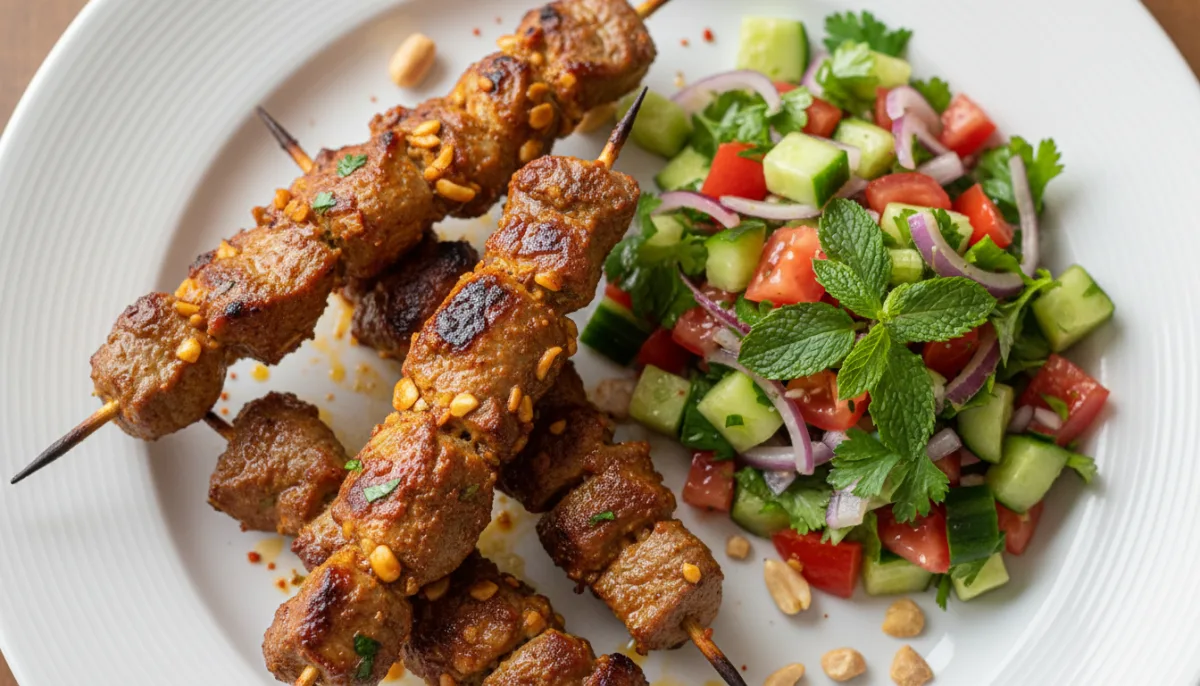 Hellat Sudaneze me Mish Qengji të Erëzuar dhe Kikirikë, me Sallatë Domatesh