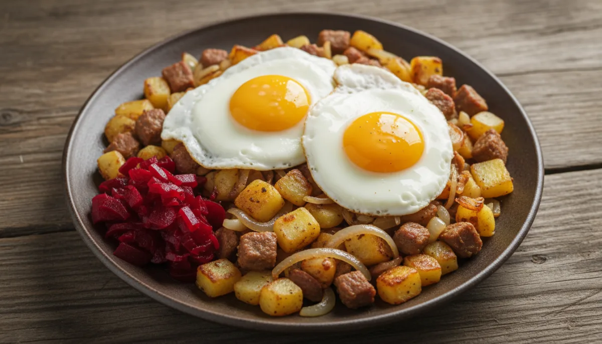 Swedish Hash with Fried Egg and Pickled Beets (Pyttipanna)