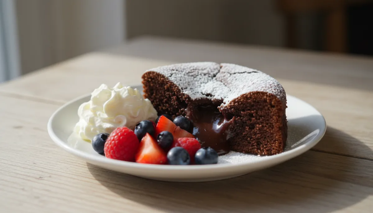 Schwedischer Kladdkaka (Schokoladen-Schlammkuchen) mit Schlagsahne und Beeren