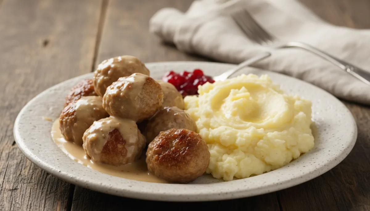Swedish Köttbullar with Cream Sauce, Lingonberries, and Mashed Potatoes