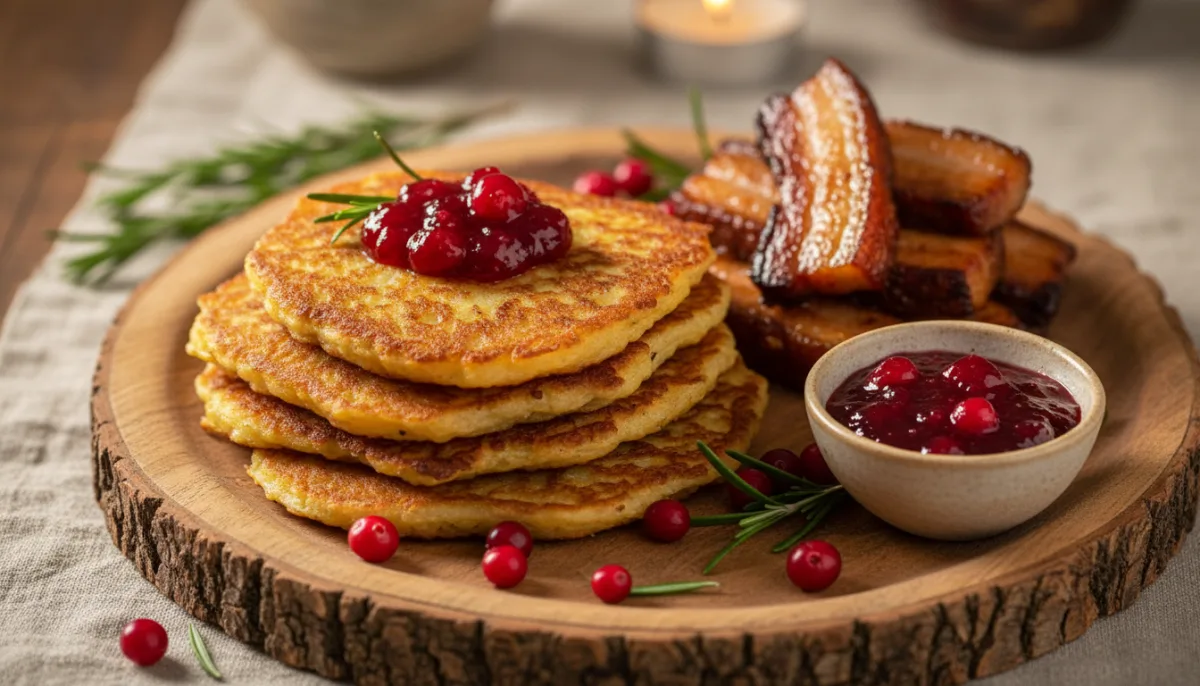 Hearty Swedish Potato Pancakes with Crispy Pork Belly & Lingonberries