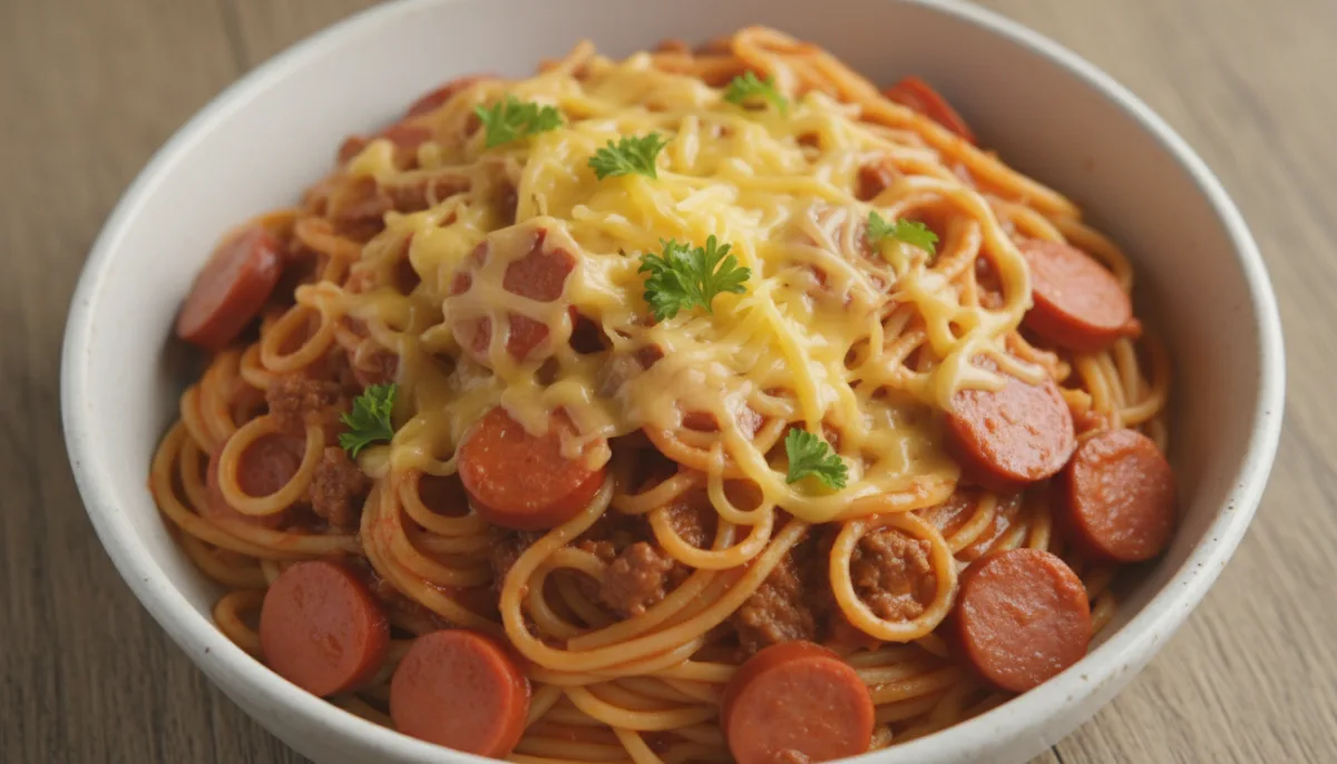 Spaghetti Filipino Dolce con Wurstel e Carne Macinata