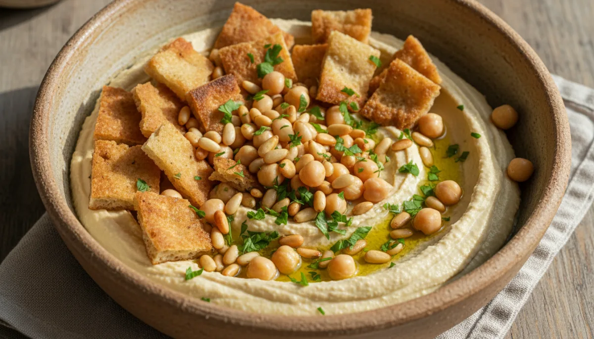 Fatteh Sirian me Hummus, Pita të Thekur dhe Arra Pishe