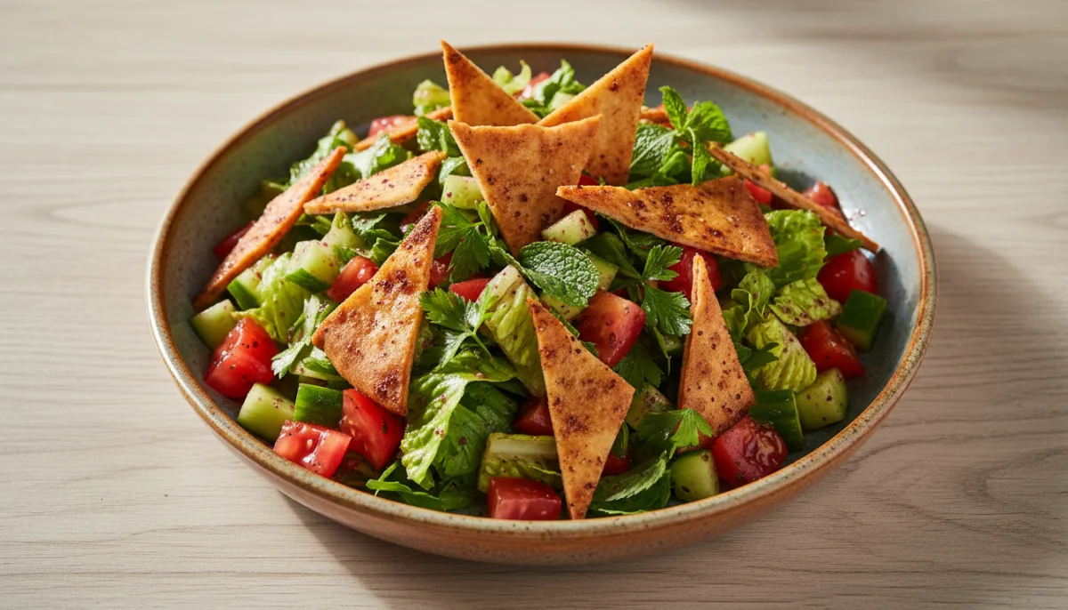 Syrischer Fattoush-Salat mit geröstetem Pitabrot und Sumach-Dressing