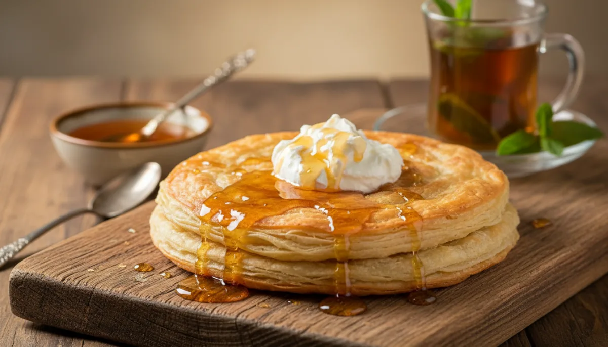 Syrian Feteer Meshaltet: Flaky Layered Pastry with Honey and Cream