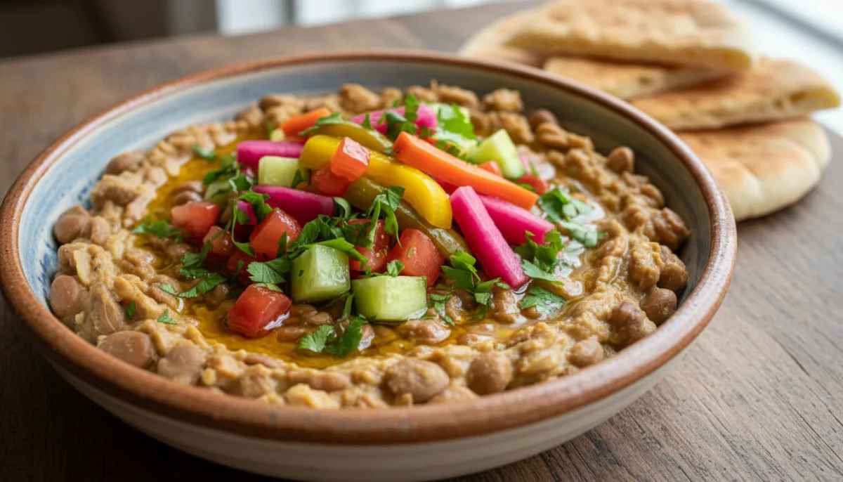 Syrian Ful Medames with Bright Vegetables and Tangy Pickles
