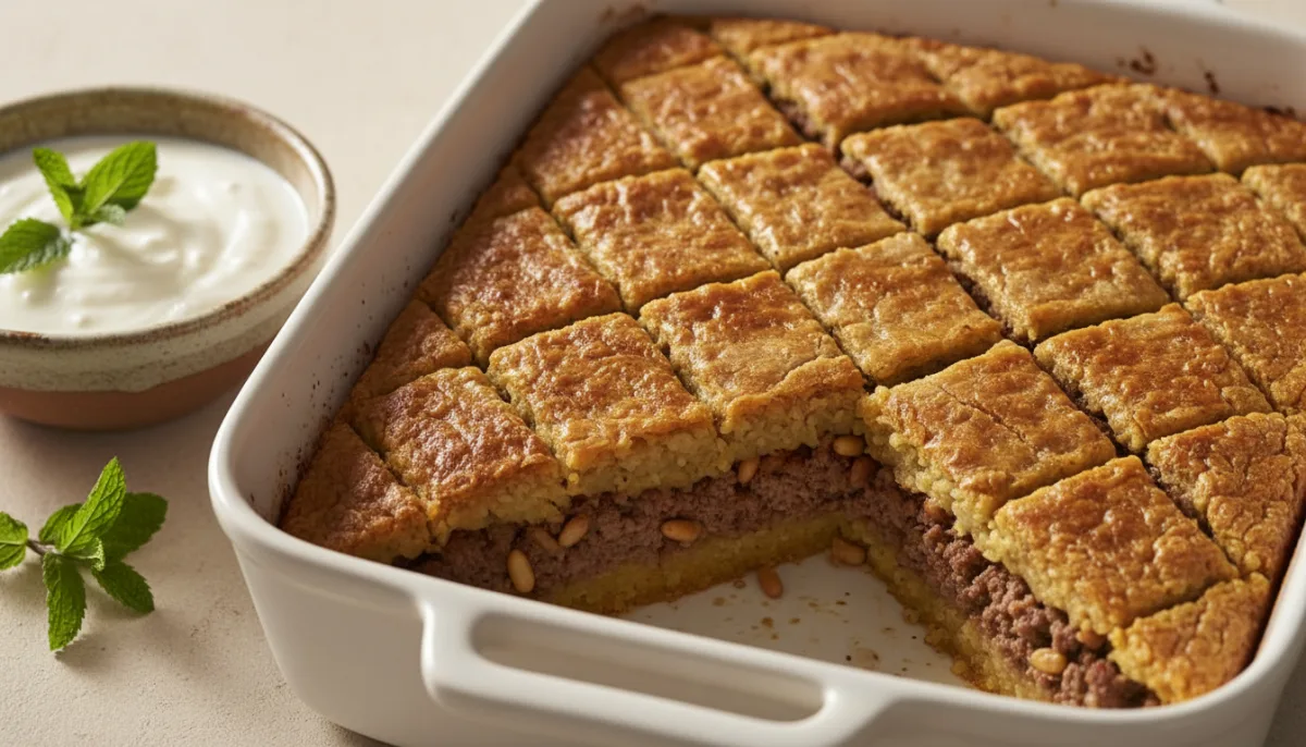 Syrian Kibbeh Bil Sanieh (Baked Kibbeh) with Yogurt Sauce