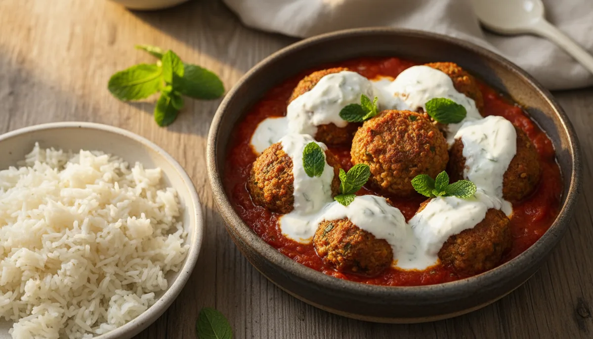Qofte Siriane me Mish Qengji, Bulgur dhe Salcë Kosi me Mente