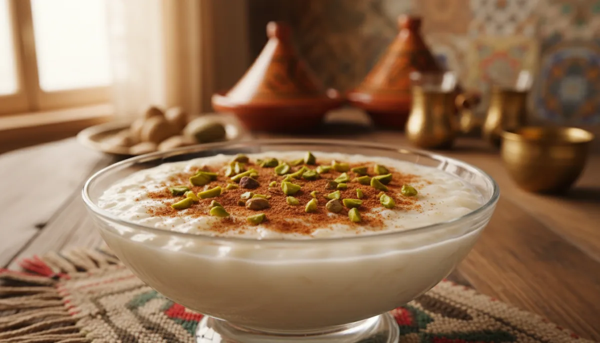 Syrian Riz bi Haleeb (Rice Pudding) with Cinnamon and Pistachios