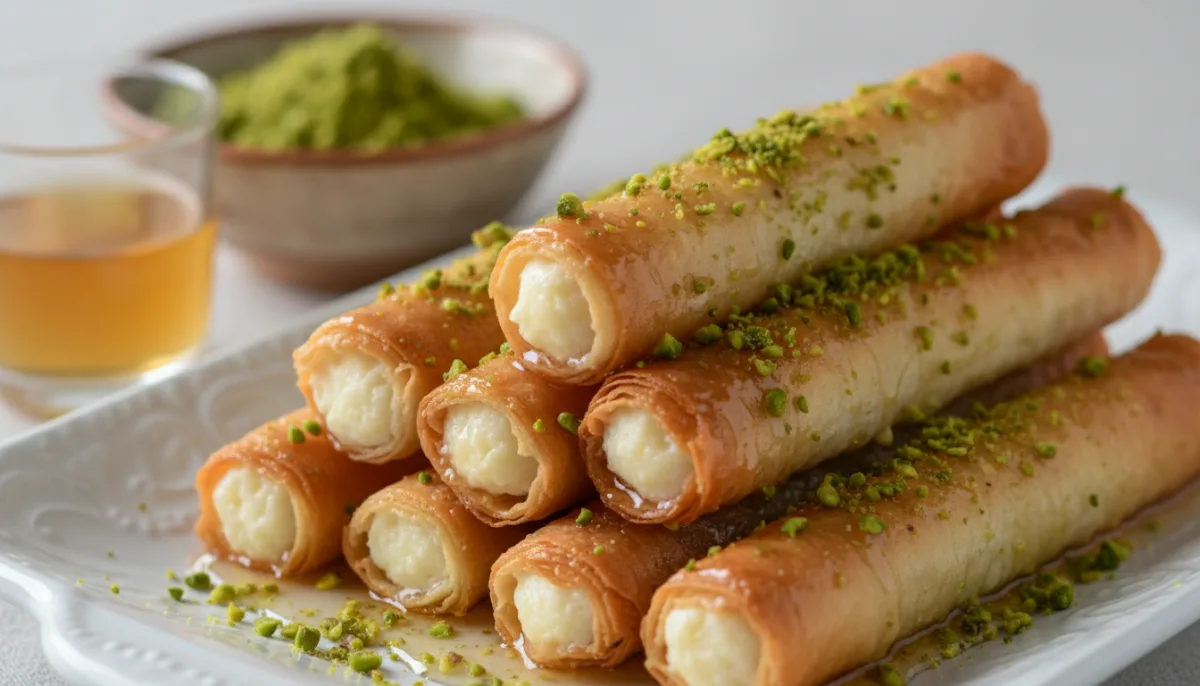 Syrian Znoud El Sitt: Cream-Filled Phyllo Rolls with Pistachios and Syrup